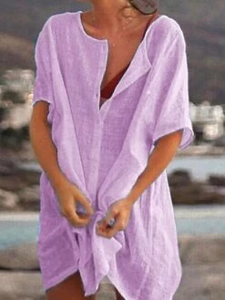 Women's Casual Dress Shirt Dress Cotton Linen Dress Mini Dress Blue Purple Pink Short Sleeve Pure Color Spring Summer V Neck Beach Basic Daily Weekend Loose Fit Linen S M L XL XXL 3XL -HAYz Clothing Shop blxuuw1639988517910