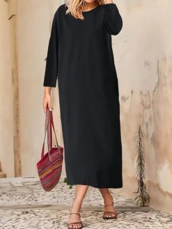 Women's Casual Dress Cotton Linen Dress T Shirt Dress Tee Dress Midi Dress Polyester Basic Classic Outdoor Daily Vacation Crew Neck Pocket 3/4 Length Sleeve Fall Autumn 2023 Loose Fit ArmyGreen Black -HAYz Clothing Shop bmbbfa1693447414747