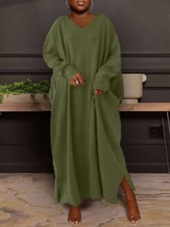 Women‘s Plus Size Casual Dress Caftan Dress Solid Color V Neck Long Sleeve Winter Fall Basic Casual Maxi Long Dress Daily Vacation Dress -HAYz Clothing Shop bmgbpq1668570125226