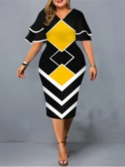 Women‘s Plus Size Curve Work Dress Geometric V Neck Short Sleeve Spring Fall Fashion Elegant Modern Midi Dress Formal Office Dress -HAYz Clothing Shop bmjvti1671091290250