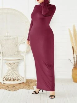 Women's Plus Size Curve Casual Dress Bodycon Sheath Dress Plain Long Dress Maxi Dress Long Sleeve Stand Collar Fashion Outdoor Black Yellow Fall Winter XXL 3XL 4XL 5XL -HAYz Clothing Shop bmnahc1694151478459