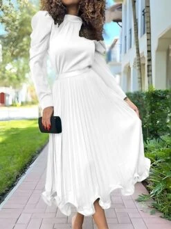 Women's Two Piece Dress Set Party Dress Skirt Set Party Wedding Guest Fashion Party Pleated Ruffle Midi Dress Stand Collar Long Sleeve Plain Loose Fit White Yellow Red Fall Winter S M L XL XXL -HAYz Clothing Shop bmpbyj1697597416007