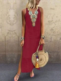 Women's Casual Dress Shift Dress White Dress Long Dress Maxi Dress Polyester Hot Casual Holiday Vacation Beach V Neck Split Print Sleeveless Summer Spring Fall 2023 Regular Fit White Yellow Wine -HAYz Clothing Shop bmqa1563783985211