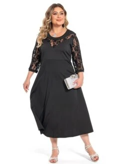 Women‘s Plus Size Curve Party Dress Color Block Crew Neck Lace 3/4 Length Sleeve Spring Fall Elegant Prom Dress Maxi Long Dress Formal Party Dress -HAYz Clothing Shop bmsthk1694770674111