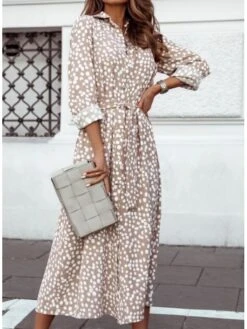 Women's Sheath Dress Midi Dress Black Yellow Light Brown Long Sleeve Polka Dot Split Winter Fall Autumn Shirt Collar Winter Dress Fall Dress Loose Fit S M L XL XXL -HAYz Clothing Shop bmvvyd1616744411346