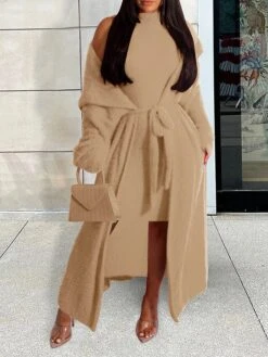 Women's Two Piece Dress Set Casual Dress Sheath Dress Daily Going Out Fashion Streetwear Lace Up Midi Dress Stand Collar Long Sleeve Plain Slim Black Yellow Wine Fall Winter S M L XL XXL -HAYz Clothing Shop bmxubp1693295531946