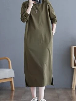 Women's Casual Dress Cotton Linen Dress T Shirt Dress Tee Dress Midi Dress Polyester Basic Classic Outdoor Daily Vacation Crew Neck Pocket 3/4 Length Sleeve Fall Autumn 2023 Loose Fit ArmyGreen Black -HAYz Clothing Shop bmzvyl1693366315824