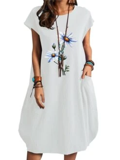 Women's Cotton Linen Dress Midi Dress Linen Cotton Blend Casual Outdoor Daily Vacation Crew Neck Pocket Rolled Cuff Short Sleeve Summer Spring 2023 Loose Fit Black White Navy Blue Floral S M L XL XXL -HAYz Clothing Shop bnbgef1654165014931