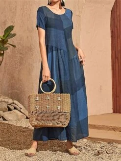 Women's Casual Dress Swing Dress Summer Dress Long Dress Maxi Dress Polyester Streetwear Casual Outdoor Daily Holiday Crew Neck Patchwork Short Sleeve Summer Spring 2023 Loose Fit Red Blue Purple