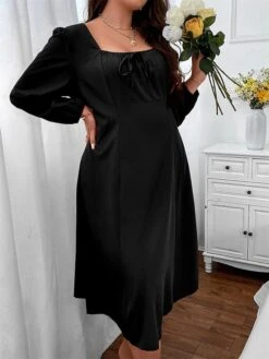 Women‘s Plus Size Curve Party Dress Cocktail Dress Wedding Guest Dress Black Dress Midi Dress Long Sleeve Pure Color Ruched Spring Fall Winter Square Neck Fashion Birthday Wedding Guest Vacation -HAYz Clothing Shop bnjgzy1691648096122 1