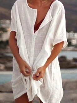 Women's Casual Dress Shirt Dress Cotton Linen Dress Mini Dress Blue Purple Pink Short Sleeve Pure Color Spring Summer V Neck Beach Basic Daily Weekend Loose Fit Linen S M L XL XXL 3XL