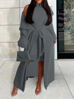 Women's Two Piece Dress Set Casual Dress Sheath Dress Daily Going Out Fashion Streetwear Lace Up Midi Dress Stand Collar Long Sleeve Plain Slim Black Yellow Wine Fall Winter S M L XL XXL -HAYz Clothing Shop bnkdpy1693295535943