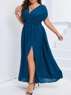 Women's Plus Size Party Dress Wedding Guest Dress Swing Dress Long Dress Maxi Dress Dark Blue Short Sleeve Pure Color Ruched Spring Fall Winter V Neck Fashion Birthday Wedding Guest Vacation 2023 L -HAYz Clothing Shop bojjbw1693535304004