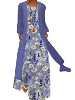 Women's Two Piece Dress Set Casual Dress Shift Dress Daily Going Out Casual Pocket Print Maxi Dress Crew Neck 3/4 Length Sleeve Floral Loose Fit Light Green Pink Blue Summer Spring M L XL XXL XXXL -HAYz Clothing Shop bokqxy1672828064504