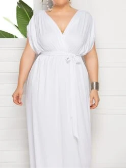 Women's Plus Size Curve Party Dress Sheath Dress Formal Dress Maxi Dress White Wine Royal Blue Short Sleeve Pure Color Lace Up Spring Fall Autumn V Neck Fashion Birthday Wedding Guest Vacation -HAYz Clothing Shop bokysu1692178810542