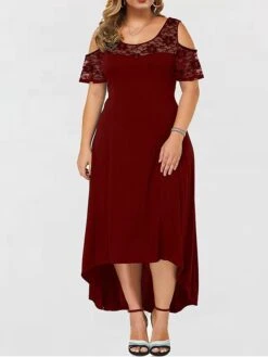 Women‘s Plus Size Curve Party Dress Lace Dress A Line Dress Solid Color Long Dress Maxi Dress Short Sleeve Lace Crew Neck Modern Party Black Red Spring Summer XL XXL 3XL 4XL 5XL -HAYz Clothing Shop bpanhd1672986119235