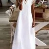 Women's Cotton Linen Dress Casual Dress Maxi Long Dress Cotton And Linen Modern Casual Outdoor Vacation V Neck Patchwork Short Sleeve Summer Spring 2023 Regular Fit White Pure Color S M L XL 2XL