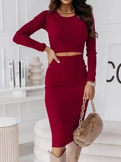 Women's Two Piece Dress Set Casual Dress Skirt Set Outdoor Daily Fashion Sexy Ribbed Midi Dress Crew Neck Long Sleeve Plain Regular Fit Black Wine Green Fall Winter S M L XL -HAYz Clothing Shop bptpga1695268223620