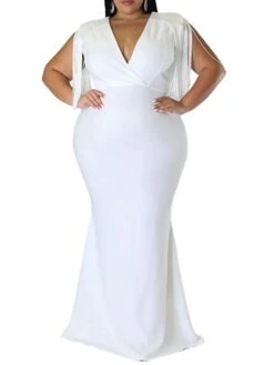 Women‘s Plus Size Curve Party Dress Solid Color V Neck Tassel Fringe Sleeveless Spring Summer Formal Maxi Long Dress Party Date Dress