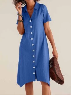 Women's Shirt Dress Casual Dress Cotton Linen Dress Midi Dress Polyester Classic Casual Outdoor Daily Vacation Split Neck Button Short Sleeve Summer Spring 2023 Loose Fit Black Blue Plain S M L XL 2XL -HAYz Clothing Shop bpxtvr1691040684238