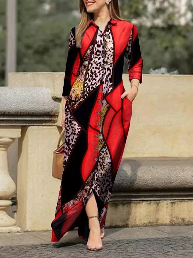 Women's Shirt Dress A Line Dress Maxi Long Dress Winter Dress Daily Holiday Polyester Elegant Modern Shirt Collar Patchwork Embroidered Long Sleeve Summer Spring Fall 2023 Regular Fit Yellow Red Green 3 Women's Shirt Dress A Line Dress Maxi Long Dress Winter Dress Daily Holiday Polyester Elegant Modern Shirt Collar Patchwork Embroidered Long Sleeve Summer Spring Fall 2023 Regular Fit Yellow Red Green - Image 3