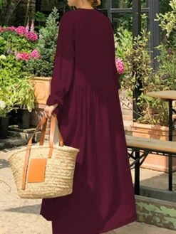 Women's Casual Dress Cotton Linen Dress Swing Dress Maxi Long Dress Linen Basic Classic Outdoor Daily Vacation V Neck Ruched Button Long Sleeve Summer Spring Fall 2023 Loose Fit Black Wine Apricot -HAYz Clothing Shop bqipzv1690268467942