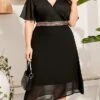 Women‘s Plus Size Curve Party Dress Cocktail Dress Wedding Guest Dress Black Dress Midi Dress Short Sleeve Pure Color Layered Summer Spring Fall V Neck Fashion Birthday Wedding Guest Vacation 2023