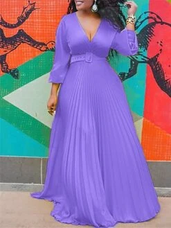 Women‘s Plus Size Curve Party Dress Swing Dress A Line Dress Solid Color Long Dress Maxi Dress Long Sleeve Pleated V Neck Elegant Party Black Yellow Fall Spring L XL XXL 3XL 4XL -HAYz Clothing Shop bqkfif1675151839592