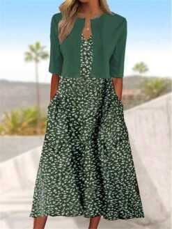 Women's Two Piece Dress Set Casual Dress Floral Dress Outdoor Daily Fashion Streetwear Pocket Print Midi Dress V Neck Half Sleeve Floral Regular Fit Green Summer Spring S M L XL XXL