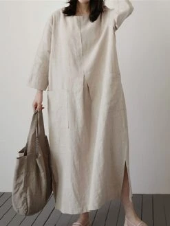 Women's Casual Dress Cotton Linen Dress Maxi Long Dress Linen / Cotton Blend Basic Classic Outdoor Daily Vacation Crew Neck Pocket Split 3/4 Length Sleeve Spring Fall Autumn 2023 Loose Fit Red Apricot