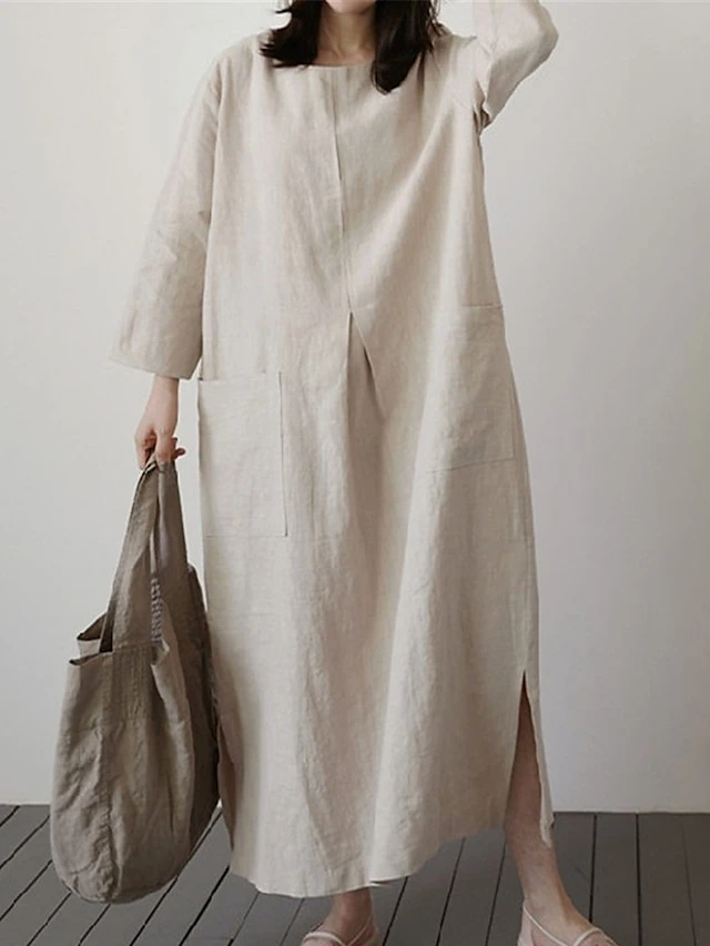 Women's Casual Dress Cotton Linen Dress Maxi Long Dress Linen / Cotton Blend Basic Classic Outdoor Daily Vacation Crew Neck Pocket Split 3/4 Length Sleeve Spring Fall Autumn 2023 Loose Fit Red Apricot 1 Women's Casual Dress Cotton Linen Dress Maxi Long Dress Linen / Cotton Blend Basic Classic Outdoor Daily Vacation Crew Neck Pocket Split 3/4 Length Sleeve Spring Fall Autumn 2023 Loose Fit Red Apricot