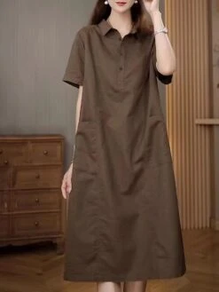 Women's Casual Dress Cotton Linen Dress Midi Dress Polyester Casual Daily Casual Outdoor Home Holiday Shirt Collar Pocket Short Sleeve Summer Spring 2023 Loose Fit Navy Blue Purple Brown Plain M L XL -HAYz Clothing Shop bqnecg1689763762931