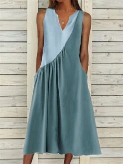 Women's Casual Dress Cotton Linen Dress Swing Dress Midi Dress Cotton Blend Fashion Basic Outdoor Daily Vacation V Neck Ruched Pocket Sleeveless Summer Spring 2023 Loose Fit Black White Blue Plain S -HAYz Clothing Shop bqopfm1692674827414