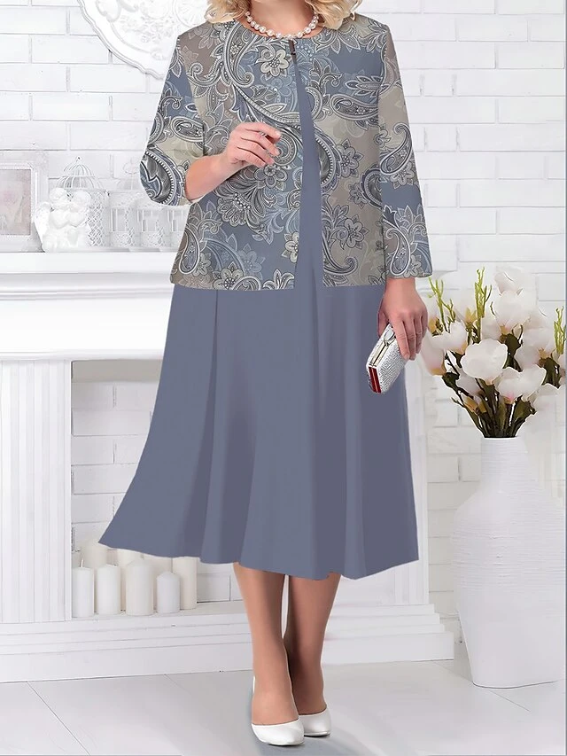 Women's Plus Size Two Piece Dress Set Casual Dress Paisley Dress Outdoor Office Fashion Streetwear Print Midi Dress Crew Neck Long Sleeve Floral Paisley Regular Fit Black Blue Brown Fall Winter L XL 3 Women's Plus Size Two Piece Dress Set Casual Dress Paisley Dress Outdoor Office Fashion Streetwear Print Midi Dress Crew Neck Long Sleeve Floral Paisley Regular Fit Black Blue Brown Fall Winter L XL - Image 3