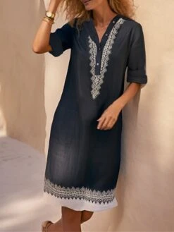 Women's Shirt Dress Casual Dress Cotton Linen Dress Midi Dress Polyester Fashion Casual Daily Outdoor Daily Vacation Shirt Collar Button Print 3/4 Length Sleeve Spring Fall Autumn 2023 Loose Fit Black