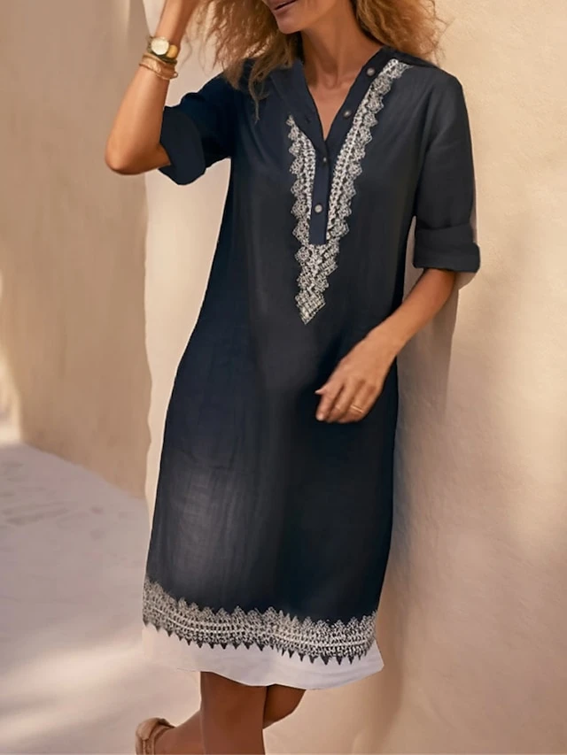 Women's Shirt Dress Casual Dress Cotton Linen Dress Midi Dress Polyester Fashion Casual Daily Outdoor Daily Vacation Shirt Collar Button Print 3/4 Length Sleeve Spring Fall Autumn 2023 Loose Fit Black 1 Women's Shirt Dress Casual Dress Cotton Linen Dress Midi Dress Polyester Fashion Casual Daily Outdoor Daily Vacation Shirt Collar Button Print 3/4 Length Sleeve Spring Fall Autumn 2023 Loose Fit Black