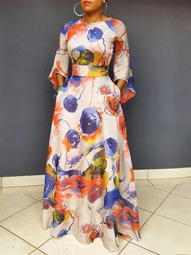 Women‘s Plus Size Curve Holiday Dress Floral Crew Neck Print 3/4 Length Sleeve Fall Spring Elegant Maxi Long Dress Formal Party Dress 2 Women‘s Plus Size Curve Holiday Dress Floral Crew Neck Print 3/4 Length Sleeve Fall Spring Elegant Maxi Long Dress Formal Party Dress - Image 2