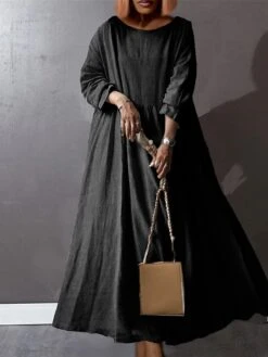 Women's Plus Size Work Dress Black Dress White Dress Fashion Long Dress Maxi Dress Ruched Patchwork Crew Neck Long Sleeve Plain Loose Fit Black White Brown Fall L XL XXL 3XL 4XL