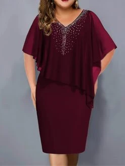 Women‘s Plus Size Curve Party Dress Cocktail Dress Wedding Guest Dress Midi Dress Black Wine Navy Blue Half Sleeve Pure Color Patchwork Summer Spring Fall V Neck Fashion Vacation -HAYz Clothing Shop brigqw1691054876609