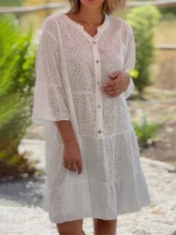 Women's Casual Dress Cotton Linen Dress Shift Dress Midi Dress Cotton Blend Fashion Casual Outdoor Daily Vacation Split Neck Ruffle Button 3/4 Length Sleeve Summer Spring Fall 2023 Loose Fit White Red