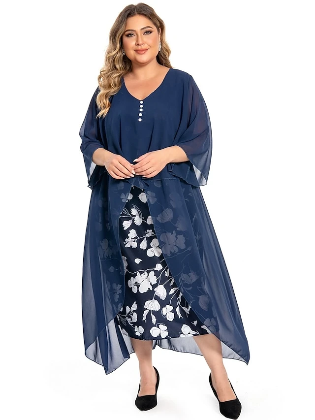 Women's Plus Size Curve Work Dress Floral V Neck Ruched 3/4 Length Sleeve Spring Summer Work Elegant Midi DressLayered Formal Vacation Dress 5 Women's Plus Size Curve Work Dress Floral V Neck Ruched 3/4 Length Sleeve Spring Summer Work Elegant Midi DressLayered Formal Vacation Dress - Image 5