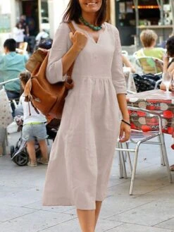 Women's Cotton Linen Dress Casual Dress Linen Dress Maxi Long Dress Cotton Basic Casual Daily Holiday Vacation Split Neck Ruched Half Sleeve Summer Spring 2023 Regular Fit Yellow Pink Red Pure Color -HAYz Clothing Shop bsarpe1657007295214