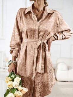 Women's Shirt Dress Midi Dress Outdoor Date Vacation Satin Fashion Elegant Shirt Collar Lace Up Button Long Sleeve Spring Fall Winter 2023 Loose Fit Black Wine Brown Pure Color S M L XL -HAYz Clothing Shop bsfbbi1692856941623