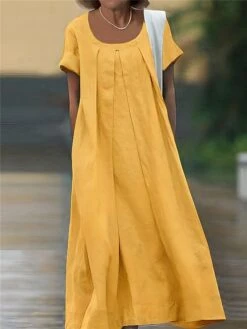 Women's Casual Dress Cotton Linen Dress Maxi Long Dress Polyester Basic Classic Outdoor Daily Vacation Crew Neck Ruched Pocket Short Sleeve Summer Spring 2023 Loose Fit Black Yellow Pink Plain M L XL