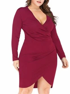 Women‘s Plus Size Curve Work Dress Sheath Dress Semi Formal Dress Fashion Midi Dress Ruched V Neck Long Sleeve Plain Regular Fit Black Wine Blue Fall Winter XL XXL 3XL 4XL 5XL -HAYz Clothing Shop bslamp1691401444039