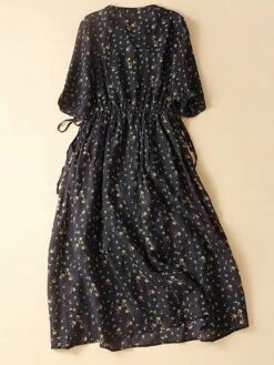 Women's Casual Dress Cotton Linen Dress A Line Dress Midi Dress Linen / Cotton Blend Basic Classic Outdoor Daily Vacation Split Neck Button Pocket 3/4 Length Sleeve Spring Fall Autumn 2023 Loose Fit -HAYz Clothing Shop bsqfsq1693967793584