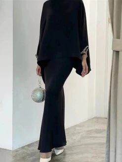 Women's Two Piece Dress Set Casual Dress Skirt Set Daily Going Out Elegant Modern Ruffle Long Dress Maxi Dress Stand Collar Long Sleeve Plain Regular Fit Silver Black White Fall Winter S M L XL XXL -HAYz Clothing Shop bsqmys1693389179745