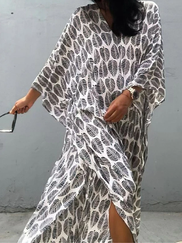 Women's Casual Dress Cotton Linen Dress A Line Dress Maxi Long Dress Polyester Fashion Casual Outdoor Daily Vacation V Neck Print 3/4 Length Sleeve Spring Fall Winter 2023 Loose Fit White Leaf 5 Women's Casual Dress Cotton Linen Dress A Line Dress Maxi Long Dress Polyester Fashion Casual Outdoor Daily Vacation V Neck Print 3/4 Length Sleeve Spring Fall Winter 2023 Loose Fit White Leaf - Image 5