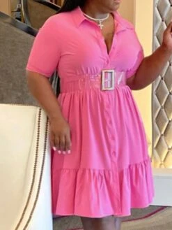 Women‘s Plus Size Curve Shirt Dress Solid Color Shirt Collar Ruffle Half Sleeve Spring Summer Casual Knee Length Dress Daily Holiday Dress -HAYz Clothing Shop btchkz1656491040098