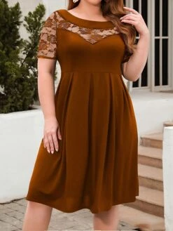Women's Plus Size Curve Party Dress Lace Dress Semi Formal Dress Solid Color Midi Dress Short Sleeve Lace Crew Neck Fashion Party ArmyGreen Black Fall Winter XL XXL 3XL 4XL -HAYz Clothing Shop btdwvu1695813614345